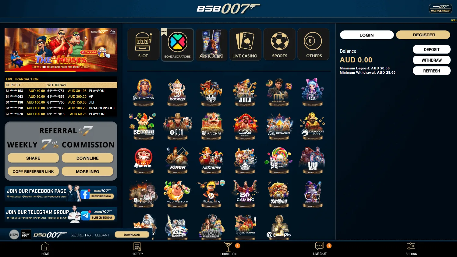 Bsb 007 Casino desktop home view with casino access and Australian payment options