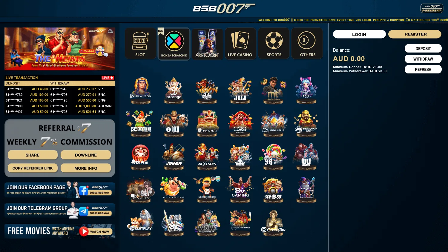 Bsb 007 Casino desktop games view with casino titles and game categories