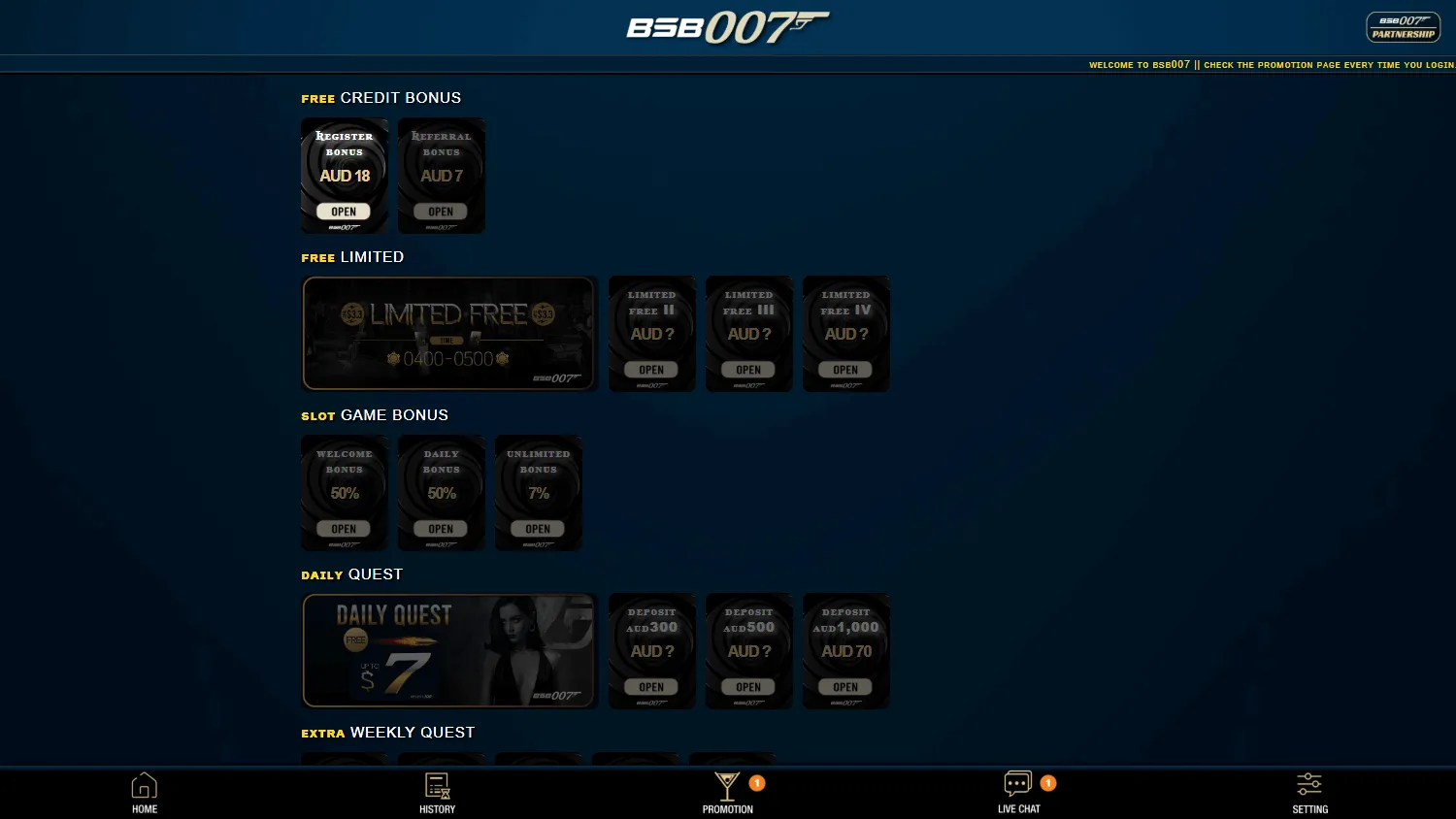 Bsb 007 Casino desktop promotions view with offers for players