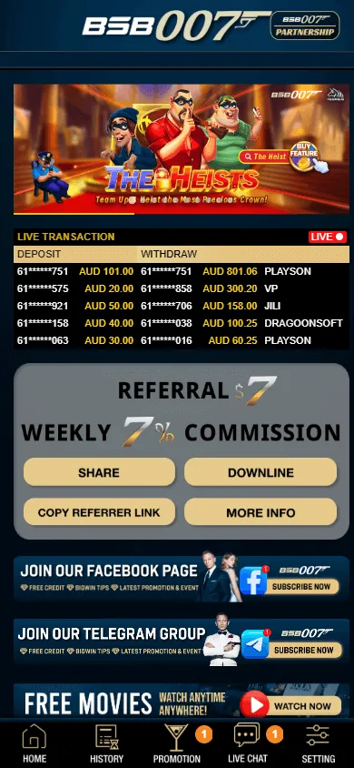 Bsb 007 Casino mobile browser home view with access to casino features