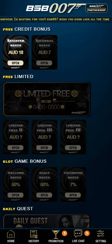 Bsb 007 Casino mobile promotions view with available player offers